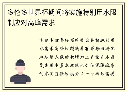 多伦多世界杯期间将实施特别用水限制应对高峰需求 多伦多世界杯期间将实施特别用水限制应对高峰需求