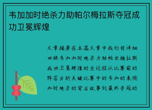 韦加加时绝杀力助帕尔梅拉斯夺冠成功卫冕辉煌